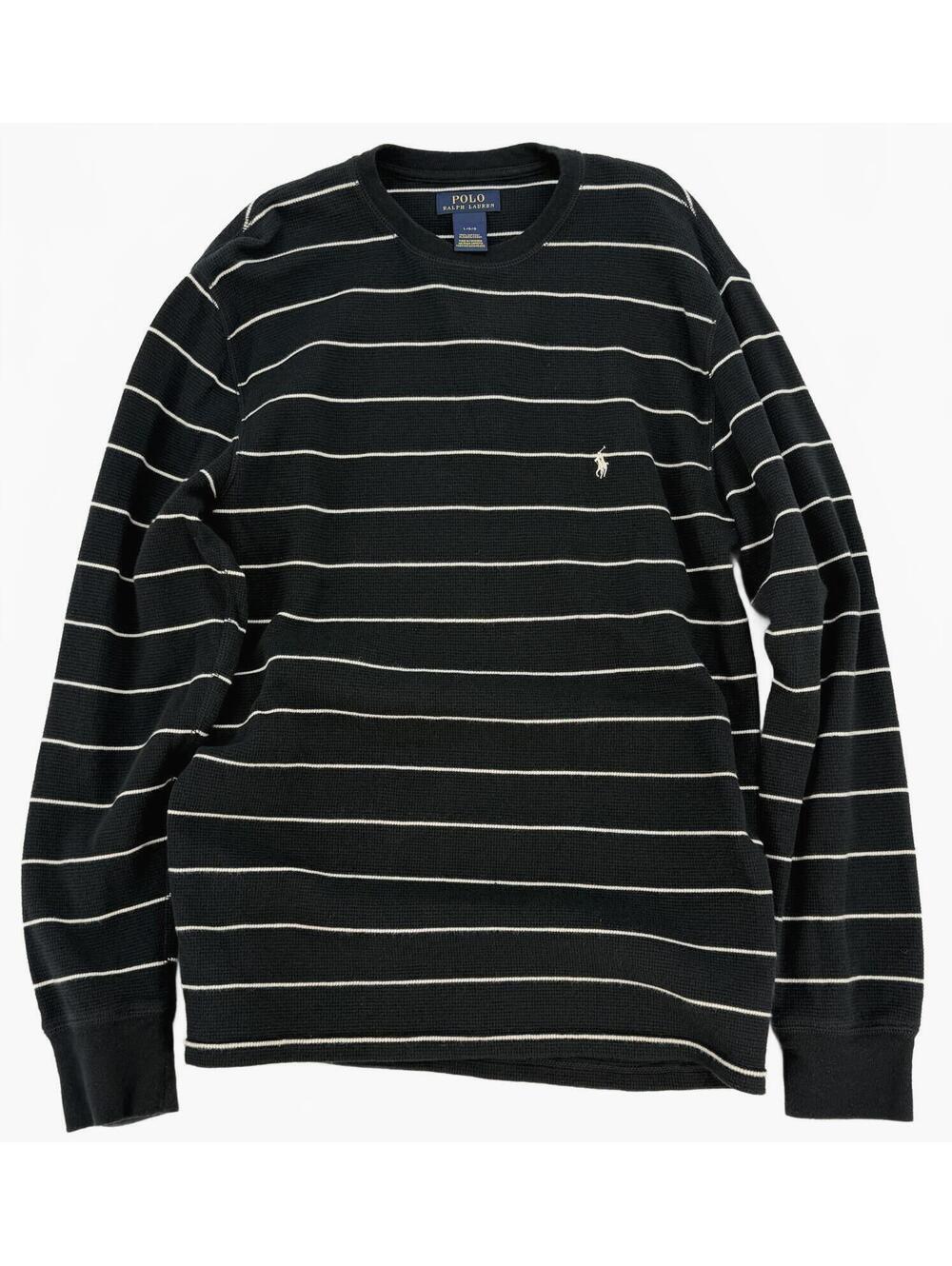 Polo Ralph Lauren Thermal Shirt Large Black White Striped Vintage